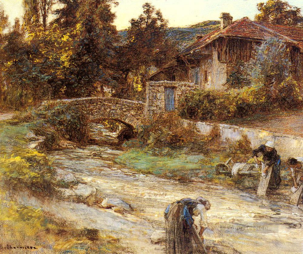 Washerwomen At A Stream With Buildings Beyond rural scenes peasant Leon Augustin Lhermitte Oil Paintings